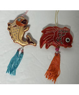 Vintage Silk Embroidered Satin Stuffed Koi Fish Lot Of 2 Beaded Ornaments - $27.96