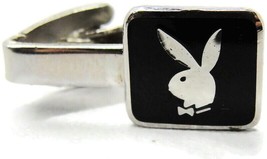 7/8&quot; Playboy Bunny Vtg Small Neck Tie Clip Black Polished Silver Tone Rectangle - £46.58 GBP