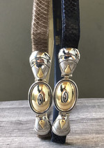 Dame Snakeskin Waist Belt 2 Adjust Silver Gold Tone Buckle Tan Black Vtg 80s USA - £27.18 GBP