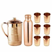 Pure Copper Jug Water Pitcher 1.5 L &amp; 6 Glasses Tumbler 300 ml 1 Bottle - £55.20 GBP