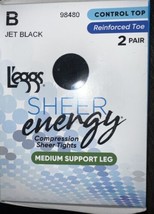L&#39;eggs ~ Sheer Energy 2 Pair Women&#39;s Tights Hose Jet Black Control Top ~ B - £10.05 GBP