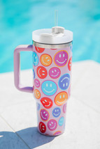 Fiery Red Rainbow Smiley Face Pattern Tumbler with Straw 40oz - $517.41 MXN