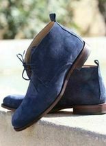 New Handmade Men’s Suede Leather Blue Color Lace Up Boots Leather Chukka Boots - $128.69