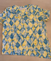 Alfred Dunner Women’s Medium Short Sleeve V-neck Top Blue Yellow Rhinestone - £7.72 GBP