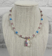 Unicorn Necklace Cat Eye Glass Pearl Crystal Beaded Girls Purple Handmad... - $16.82
