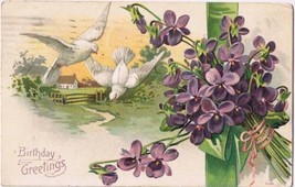 Postcard Embossed Birthday Greetings Doves Violets - £2.32 GBP