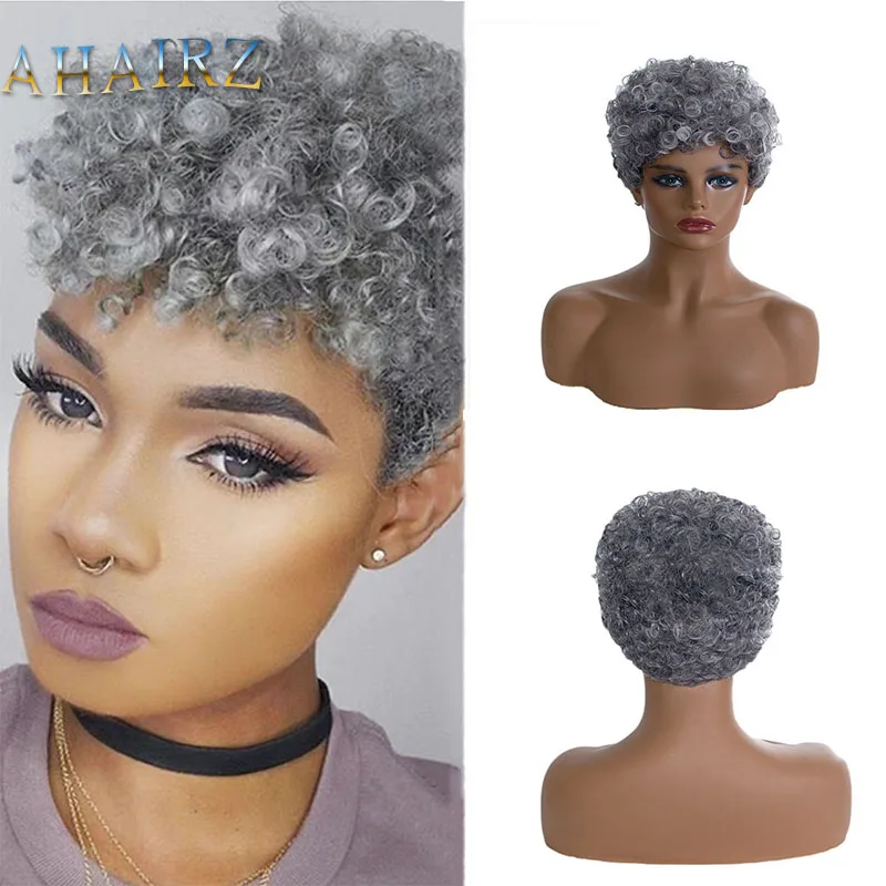 Afro Kinky Curly Gray Wigs Short Bob Wig Brazilian Curly Synthetic Hair Wig F - £18.01 GBP