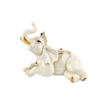 Elephant Bejeweled Laying White Porcelain 1998 Trunk Up Good Luck Figurine - £18.19 GBP