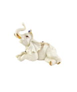 Elephant Bejeweled Laying White Porcelain 1998 Trunk Up Good Luck Figurine - £17.85 GBP