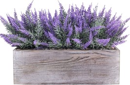 Fake Lavender Flower Arrangement In Rustic Rectangular Wood Planter Box - £29.87 GBP