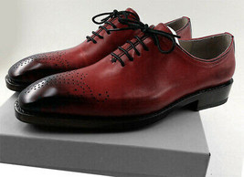 Burnished Brogues Toe Lace Up Maroon Tone Vintage Premium Leather Oxford... - $149.99