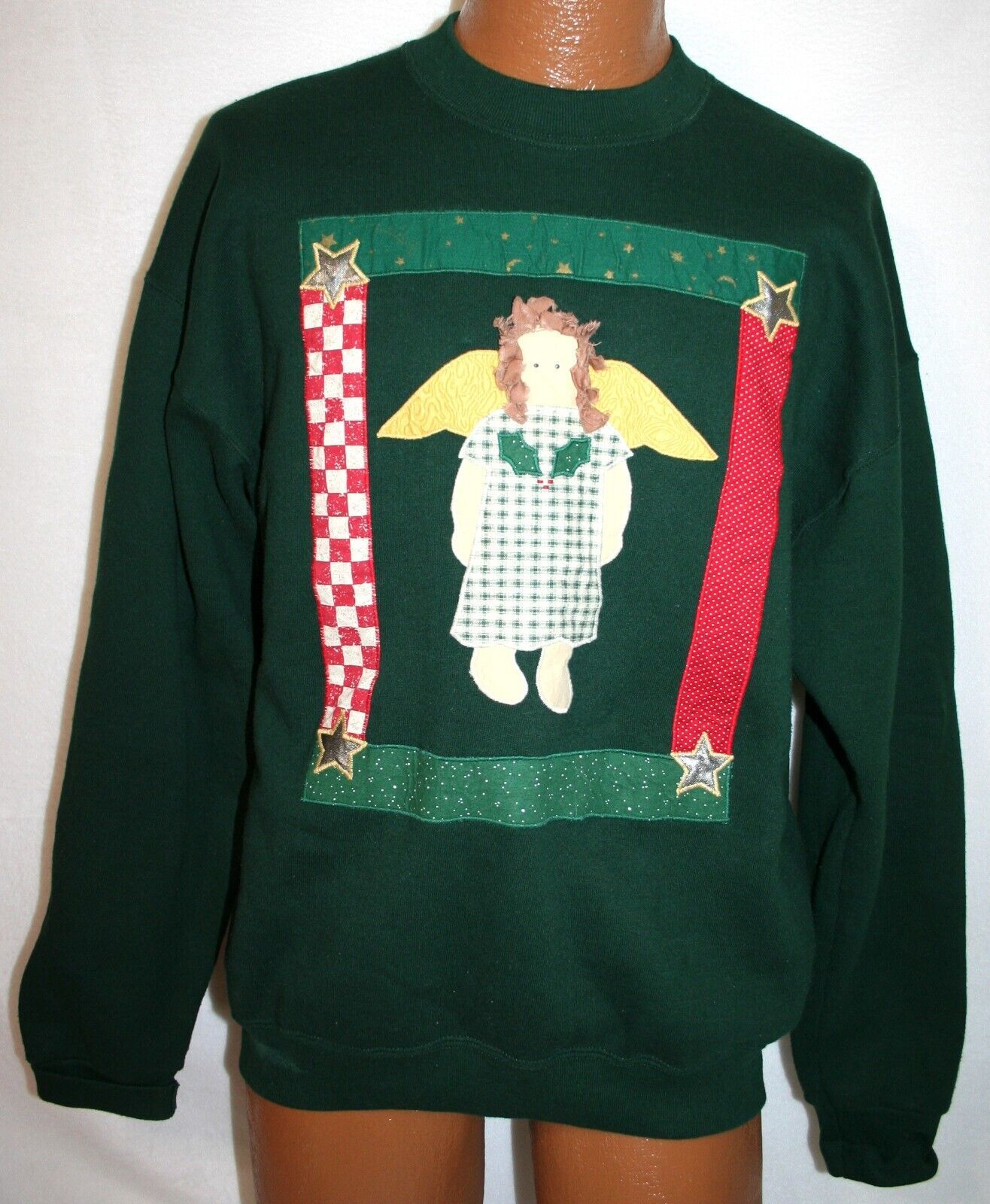 Primary image for Vintage 80s CHRISTMAS ANGEL Patchwork UGLY Christmas Sweater SWEATSHIRT XL