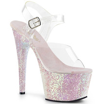 PLEASER Sexy 7&quot; Heel Opal Clear Glitter Platform Ankle Strap Stripper Shoes - £58.42 GBP