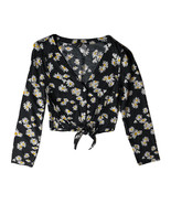 Womens H&amp;M Divided Black Daisy Print Button Up Tie Front Crop Top Shirt ... - $14.84