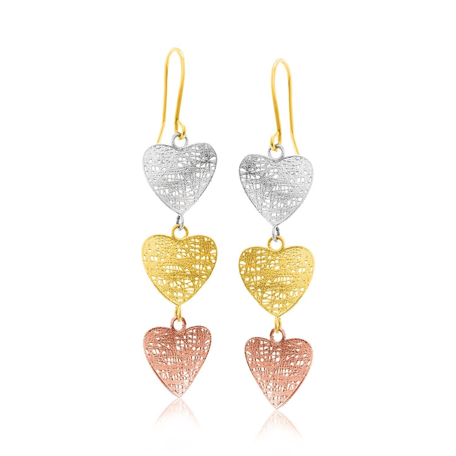 14K Tri-Color Gold Mesh Heart Link Dangling Earrings - $264.60