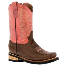 Kids Western Boots Classic Genuine Leather Pink Rubber Soles Square Botas - £43.25 GBP