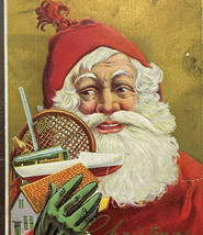Santa With Green Gloves &amp; Stocking Hat Toys Embossed Christmas Antique Postcard - £6.32 GBP