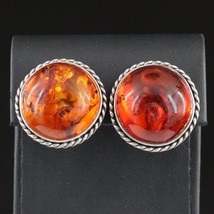 Sterling Amber Button Earrings Clip On Unmarked Estate Vintage - £62.08 GBP