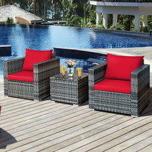 3 Pcs Patio Rattan Furniture Bistro Sofa Set with Cushioned-Red - £249.68 GBP