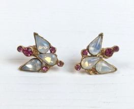 Vintage earrings moonstone &amp; pink rhinestone screw back gold tone flaw - £7.76 GBP