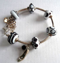 Black &amp; White Lampwork Beads with Sterling Slipper Bracelet by Katherine... - £115.90 GBP