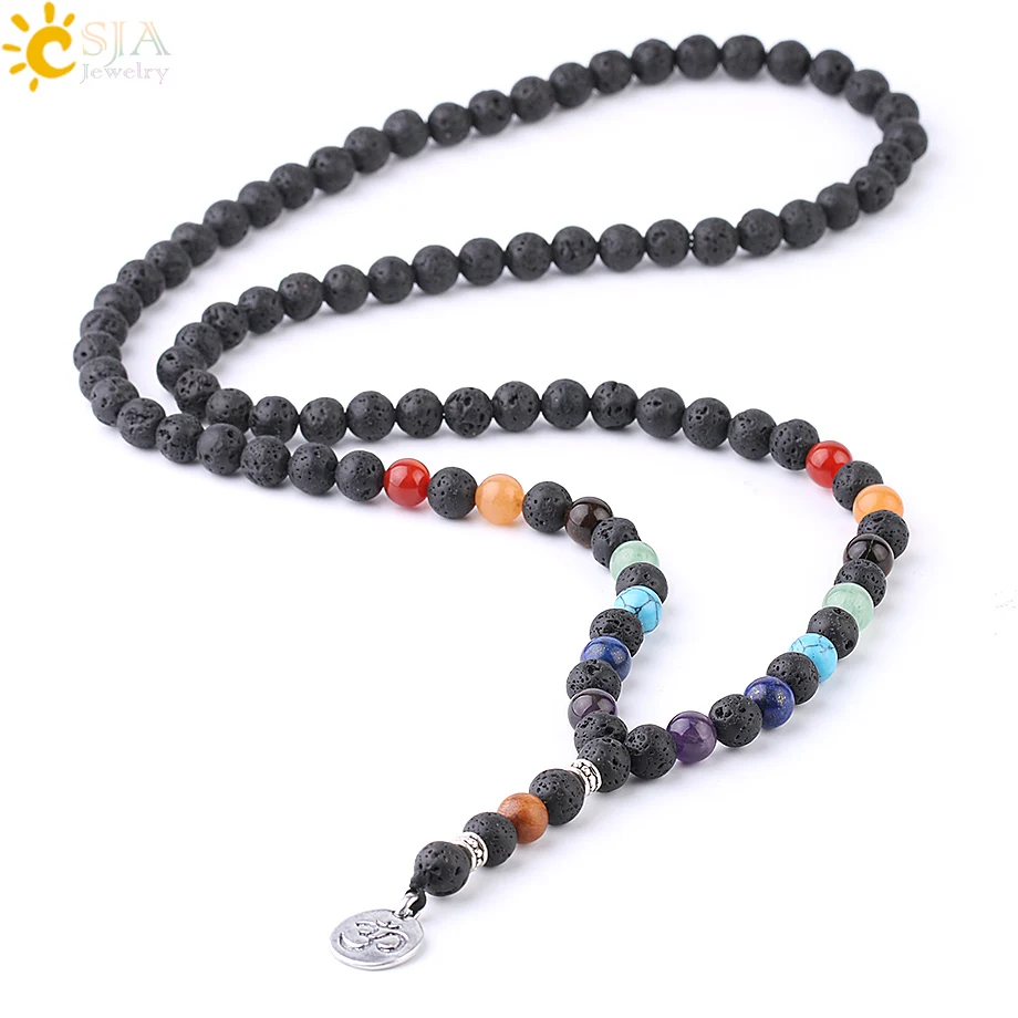 Atural stone black lava mala necklaces for men 8mm hematite wood beads 7 chakras buddha thumb200