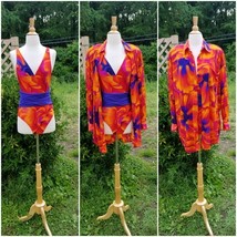 Vtg Y2K Linda Allard/Ellen Tracy Bright floral Hi Leg Swimsuit +overshir... - $44.55