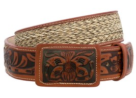 Cognac Cowboy Belt Western Dress Tooled Braided Leather Removable Rodeo Buckle - £28.14 GBP