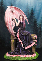 Elegant Pink Wyvern Dragon with Rose Fairy in Black Gown Sitting On Bench Statue - £61.67 GBP