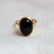 925 Sterling silver GoldPlated Black Onyx Stone Engagement Wedding Everyday Ring - £68.88 GBP