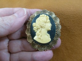(CM12-4) Wavy hair woman ivory + black oval CAMEO brass Pin Pendant jewelry - £24.43 GBP