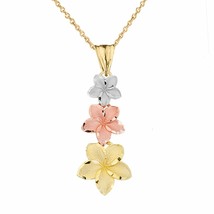 14K Tri-color Gold Elegan 3 Plumeria Flowers Joy Love Spiritual Pendant Necklace - £143.78 GBP+
