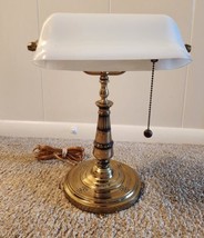 Vintage Antique Brass 15.5” Bankers Library Desk Lamp White Glass Shade  - £96.30 GBP