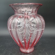 Rare Large Vintage 1990&#39;s Fenton Pink Round Ribbed Ruffled Body Feather Vase - £77.85 GBP