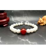 Japanese Flag Bracelet: Red Agate &amp; Moonstone Gemstone Beads - $29.39