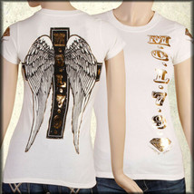 Motor City Legends Angel Wings Black Cross Gold Foil Women T-Shirt White NEW - £20.83 GBP