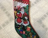 Needlepoint Christmas Stocking Santa in front of tree with Presents Vintage - $29.03