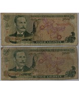 Two Banco Central de Costa Rica Cinco Colones Banknotes - $1.45