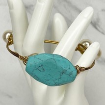 Faux Turquoise Slab and Faux Pearl Beaded Gold Tone Wire Bangle Bracelet - £7.73 GBP