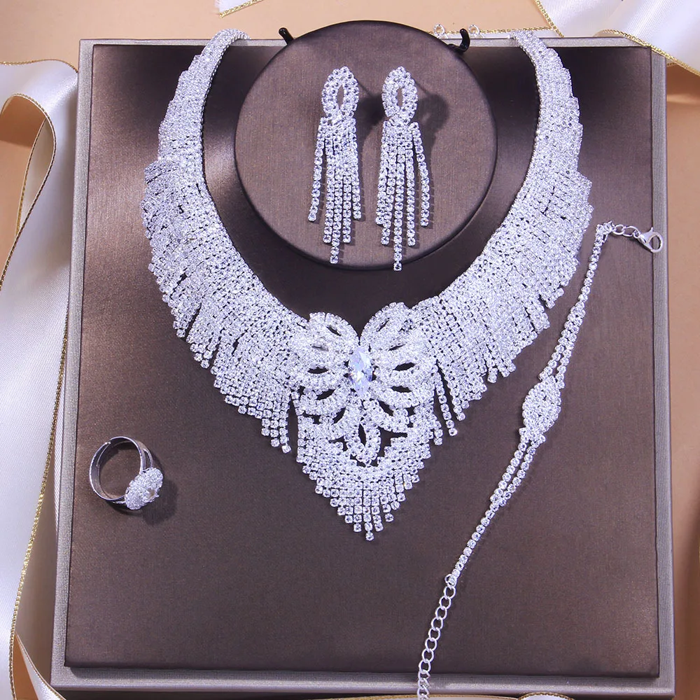 Luxury Tassel Rhinestone Bridal Jewelry Sets for Women Wedding Accessori... - $32.14