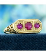 14K Yellow Gold Natural Ruby Vintage Style Three Stone  Ring - $850.00