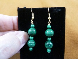 ee701-15) round 10 + 3mm green Malachite beaded gemstone gold dangle earrings - £12.75 GBP