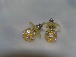 Vintage Small Bumpy Goldtone w Inlaid Clear Rhinestone Bead Ball Post Earrings  - £6.78 GBP