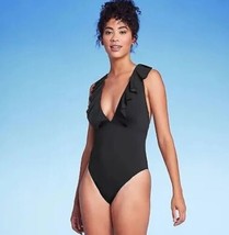 Women&#39;s Plunge Flounce Neckline One Piece Swimsuit - Shade &amp; Shore Black XL 2334 - £7.24 GBP