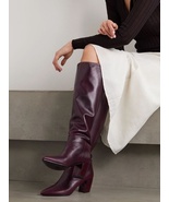 Burgundy Block Chunky Heel Boots Knee High Sexy Pointed Toe Leather Runw... - £165.12 GBP