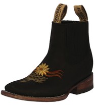 Womens Black Chelsea Ankle Mid Boots Leather Flower Western Botas Vaquera - £87.64 GBP