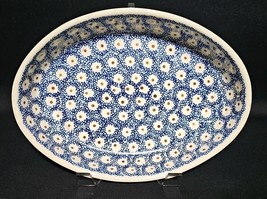 Vintage Polish Pottery Boleslawiec Oval Baker 12&quot; Blue White Floral Ston... - €79,98 EUR