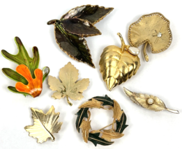 Vintage Leaf Leaves Brooch Pin Lot Pearl Enamel Rhinestone Gold Tone - €37,92 EUR