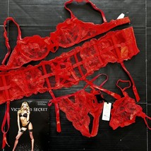 Victoria&#39;s Secret Designer Collection Unlined 36B BRA SET+GARTER+Thong Red Lace - £186.83 GBP