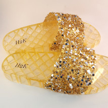 H2K CANDY Gold Color Glitter Beads Fashion Slides Flip Flops Sandals Bling  - $29.00